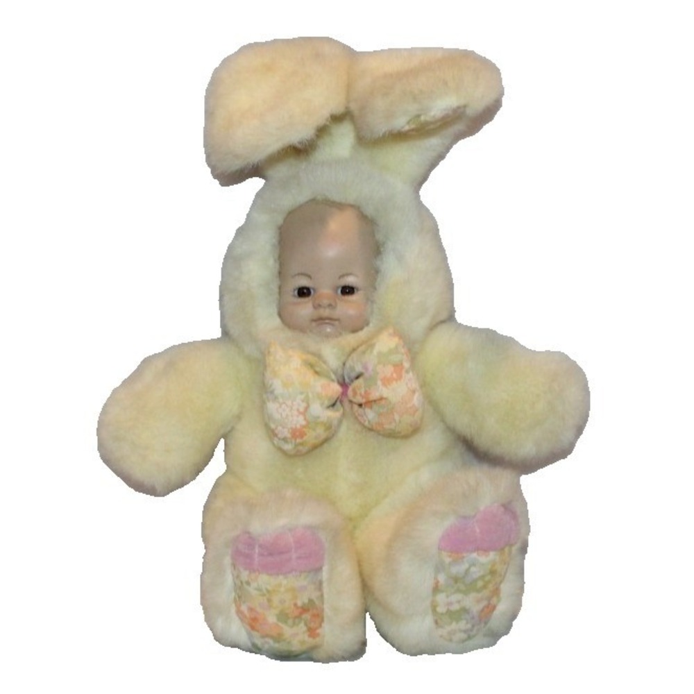 VTG 11" pale yellow plush sitting bunny rabbit vinyl baby face Easter flowers